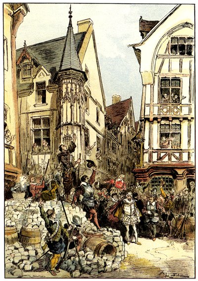A Guise herceget a tömeg és a Gardes Francaises ezred katonái éljenzik Párizsban a barikádok napján alkotó: Albert Robida