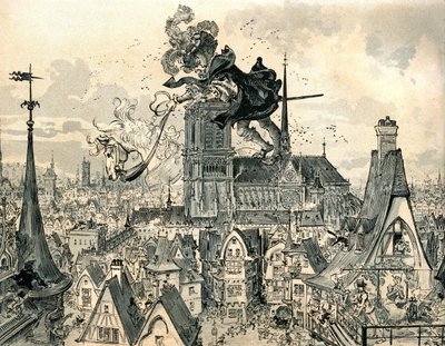 Az Óriás Gargantua leugrik a lováról alkotó: Albert Robida