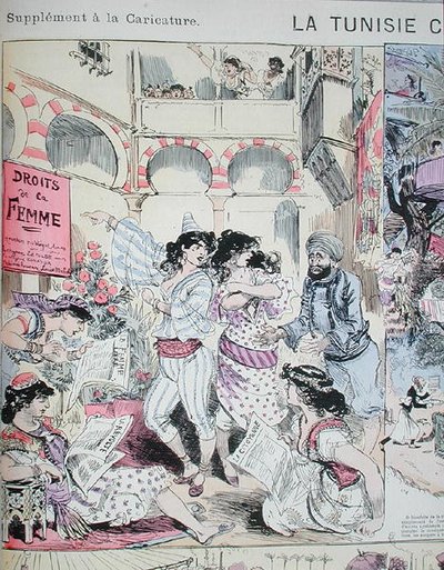 "A nők jogai" Tunéziában, karikatúra a "Le Caricature"-ból 1883 (színes litográfia) alkotó: Albert Robida