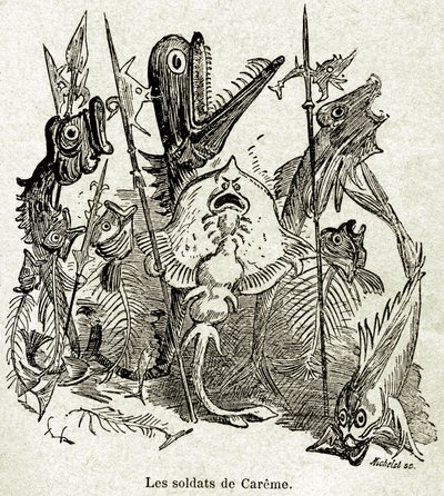 The army of Quaresmeprenant. Soldiers are represented as fish, some of which have only the aretes, by reference to Careme