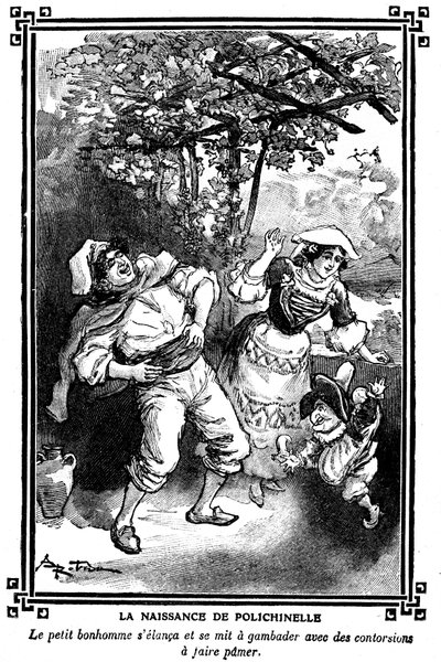 Polichinelle születése. Albert Robida (1848-1926) rajza egy gyermekolvasókönyvben 1920-1930. alkotó: Albert Robida