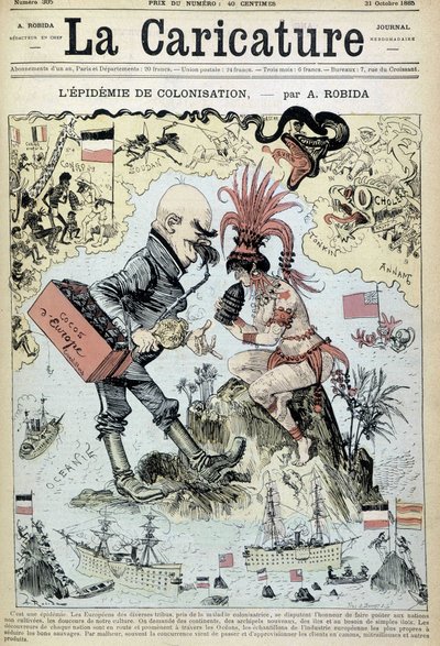 A gyarmatosítási járvány: Robida antikolonialista rajza - az 1885.10.31-i „” La Caricature”-ben alkotó: Albert Robida