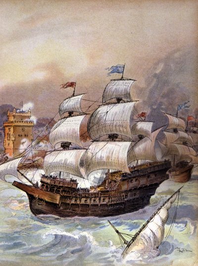 Jean Ango flottája elzárja a Tejo folyót, és fenyegeti Lisszabont, 1909 körül (illusztráció) alkotó: Albert Robida