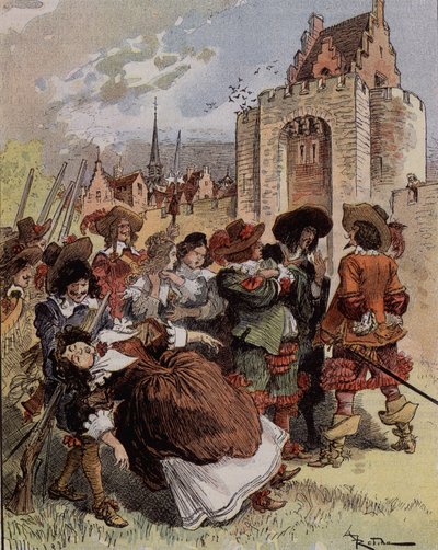 Bellormeau kapitány félénksége – „Madame de Malicorne egy őrmester karjaiba esett””. Szereplő Albert Robida könyvéből. Borító „” A kis francia illusztrált”” 1900.01.20. alkotó: Albert Robida