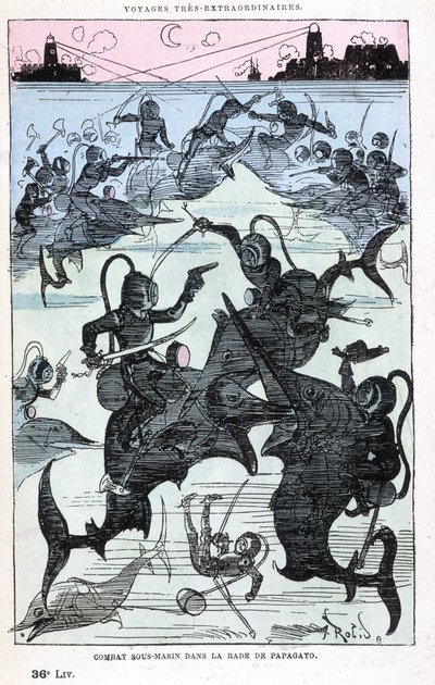 Víz alatti harc a Papagayo-öbölben (scaphandlers lovagló hal), Jules Verne paródiája, "" Saturnin Farandoul rendkívüli utazásai a világ 5 vagy 6 részén és minden országban, amelyet Jules Verne úr ismer vagy nem ismer" Robida, Párizs alkotó: Albert Robida