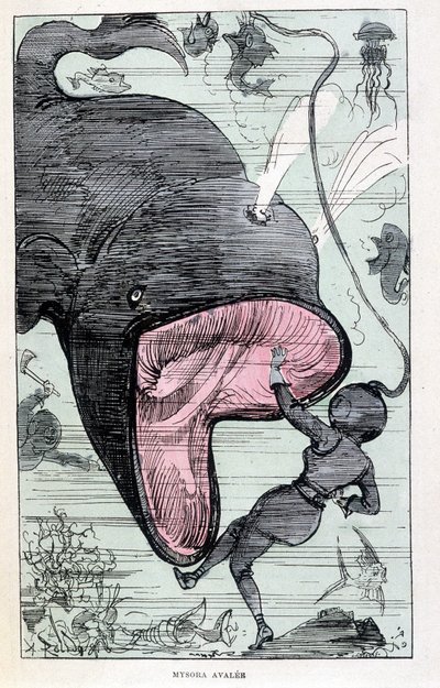 Egy bálna elnyelte nőt egy sápadróban, Jules Verne paródiája, "" Saturnin Farandoul rendkívüli utazásai a világ 5 vagy 6 pontján és az összes M. Jules Verne által ismert vagy ismeretlen országban" Robida, Párizs alkotó: Albert Robida