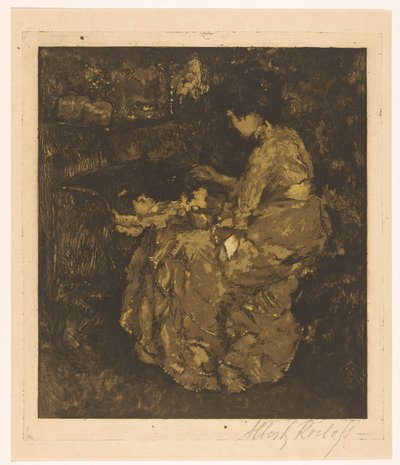 Nő etetés egy gyermek egy kiságy zabkása alkotó: Albert Roelofs (signed by artist)