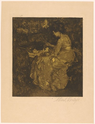 Nő etetés egy gyermek egy kiságy zabkása alkotó: Albert Roelofs (signed by artist)