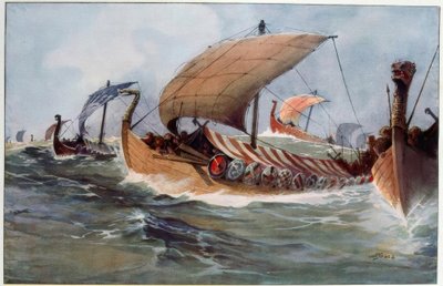 Drakkar. Viking hosszúhajók vitorlák alatt alkotó: Albert Sébille