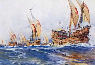 IX. Lajos király francia hajói a nyolcadik keresztes hadjárat során 1268-ban, Albert Sebille (1874-1953) akvarellje. alkotó: Albert Sébille