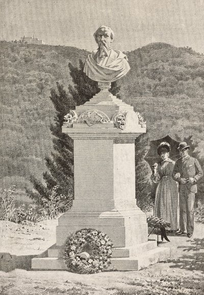 Paolo Giacometti (1816-1882) emlékműve a Staglieno temetőben, Genova, Olaszország, metszet Alberto della Valle rajzáról, L