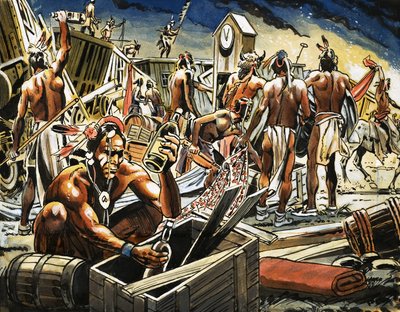 Cheyenne indiánok fosztogatnak egy vonatnyi árut... alkotó: Alberto Giolitti