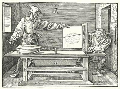 Húrok használata a lant perspektivikus képének megalkotásához (metszet) alkotó: Albrecht (after) Durer or Duerer