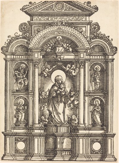 Oltár a Szűzanyával és a Gyermekkel, valamint Szent Kristóf, Borbála, György és Katalin szentekkel alkotó: Albrecht Altdorfer
