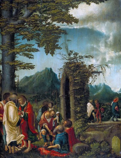 Német: Der Abschied der Apostel in waldiger Landschaft Az apostolok közössége / Apostolok egy erdős tájon alkotó: Albrecht Altdorfer