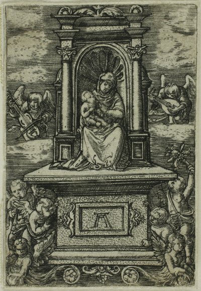 "A regensburgi gyönyörű Szűzanya" a trónon ülő Gyermekkel, körülötte hangszeres angyalok. alkotó: Albrecht Altdorfer