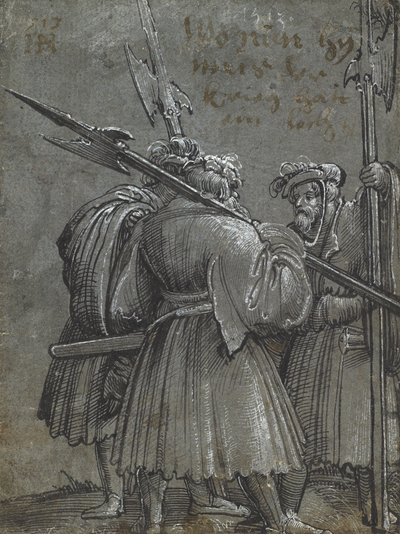 Három éjjeliőr, 1513 (rajz kék szürke papírra) alkotó: Albrecht Altdorfer