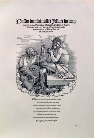 Krisztust gúnyoló római katona, fölötte a művész neve latinul, alatta az embert bűneiért szidó vers, a Nagy Passió című sorozat címlapja, pub. 1511 alkotó: Albrecht Dürer