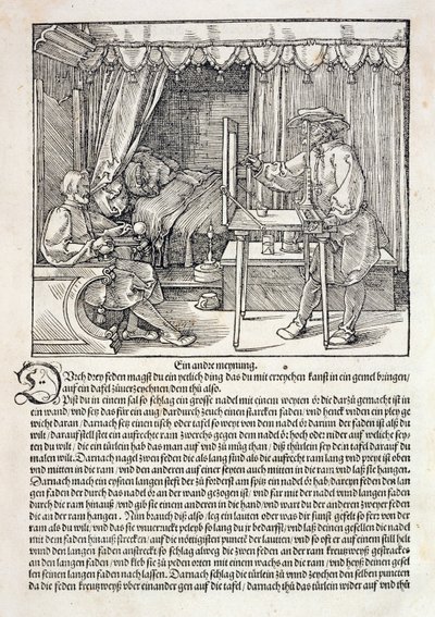 A művész Dürer rajzgépét használja egy alak megfestéséhez, Albrecht Dürer "Tanfolyam a rajzolás művészetéről" című művéből, Nürnberg, 1525 (lásd még 310983). alkotó: Albrecht Dürer