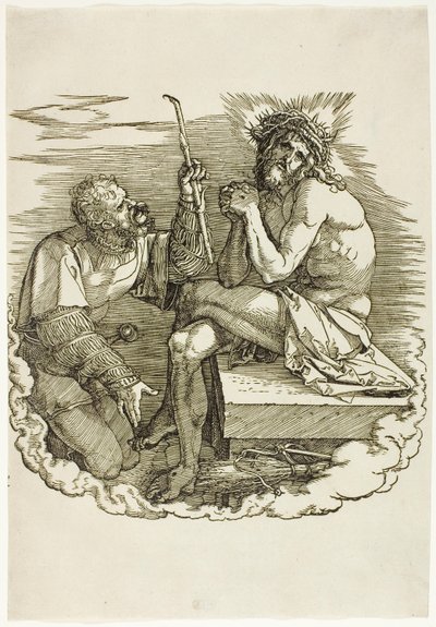 Krisztus, a fájdalmak embere, egy katona által kigúnyolt, előlap a Nagy szenvedélyből alkotó: Albrecht Dürer