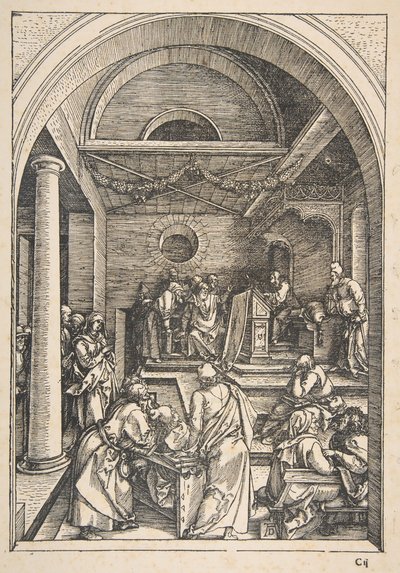 Krisztus az orvosok között, A Szűz életéből, latin kiadás, 1511.n.d. alkotó: Albrecht Dürer
