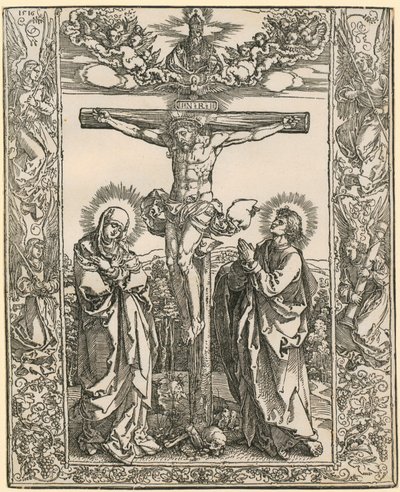 Keresztre feszített Krisztus angyalokkal körülvett kerettel alkotó: Albrecht Dürer