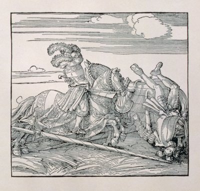 I. Maximilian német császár (1459-1519) egy tornákon leváltja ellenfelét egy kiadatlan könyvből, amely a császárok lovagi tetteit dicsőíti, 1515 körül alkotó: Albrecht Dürer