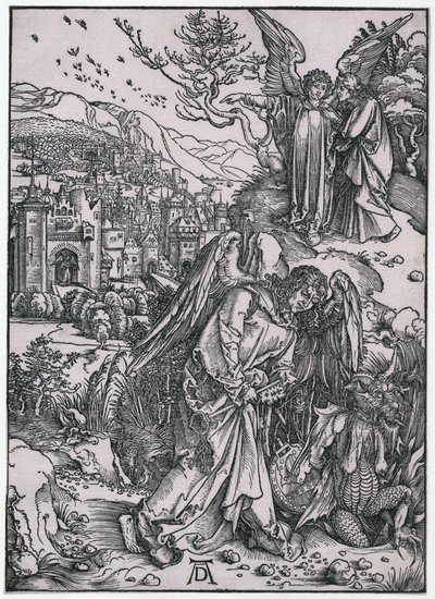 Az alvilág kulcsát tartó angyal, XIV. alak, a „Jelenések könyve” sorozat 16. lapja alkotó: Albrecht Dürer