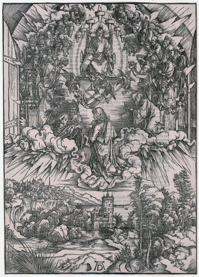 János Isten Atya és a vének előtt, II. alak, a „Jelenések” sorozat 4. lapja alkotó: Albrecht Dürer