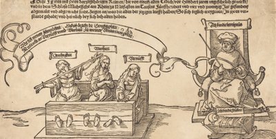 Igazságosság, igazság és értelem a készletekben az ülő bíróval és az alvó jámborsággal, valószínűleg 1526-ban. alkotó: Albrecht Dürer