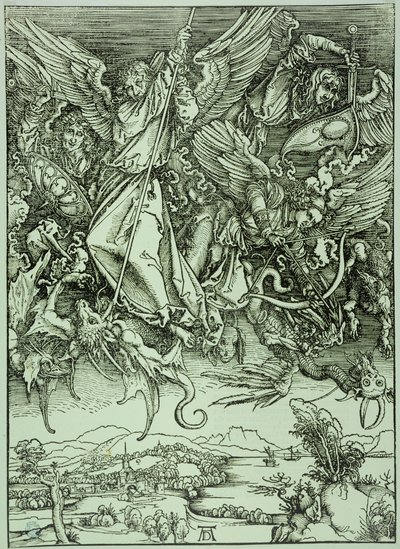 A Jelenések könyve (latin kiadás): Szent Mihály legyőzi a sárkányt (Bartsch 72) alkotó: Albrecht Dürer