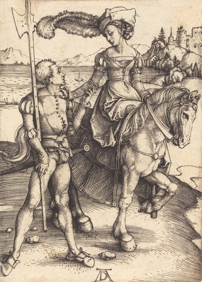 Lady on Horseback and the Lansquenet, c. 1497. alkotó: Albrecht Dürer