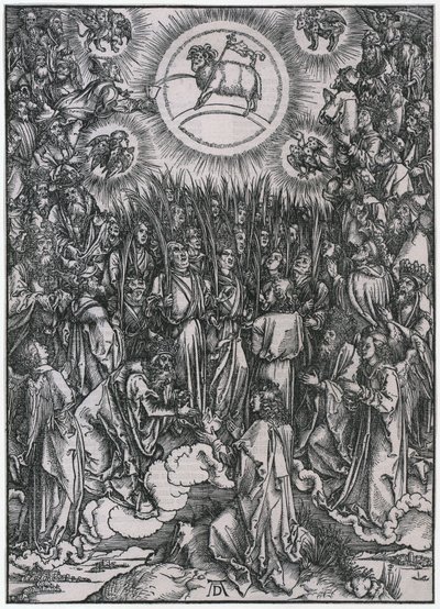 A kiválasztottak dicsőítő éneke a mennyben / A Bárány imádása, XII. alak, 14. lap a „Jelenések könyve” sorozatból alkotó: Albrecht Dürer