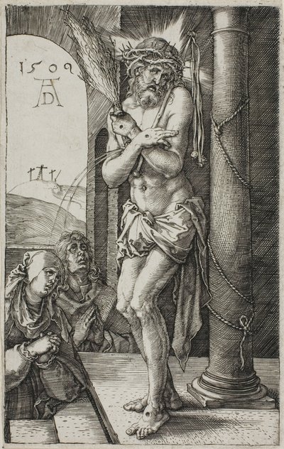 Fájdalmak embere az oszlop mellett, előlap a Vésett szenvedélyből, alkotó: Albrecht Dürer