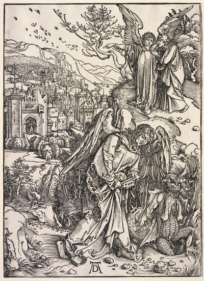 Szent János kinyilatkoztatása: Angyal a feneketlen gödör kulcsával, 1511. alkotó: Albrecht Dürer