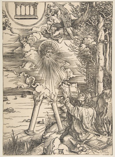 Szent János lenyeli a könyvet, az Apokalipszisből, latin kiadás, 1511, 1511. alkotó: Albrecht Dürer