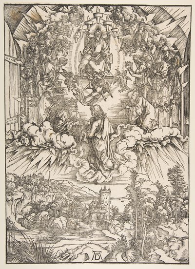 Szent János Isten és a Vének előtt, Az Apokalipszisből, kb. 1496. alkotó: Albrecht Dürer