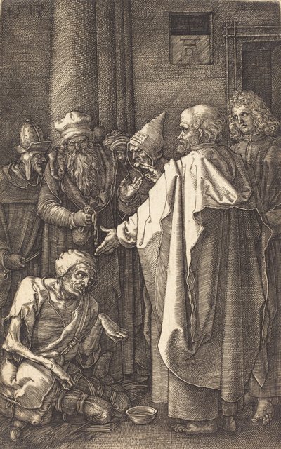Szent Péter és Szent János egy nyomorékot gyógyít a templom kapujában, 1513. alkotó: Albrecht Dürer