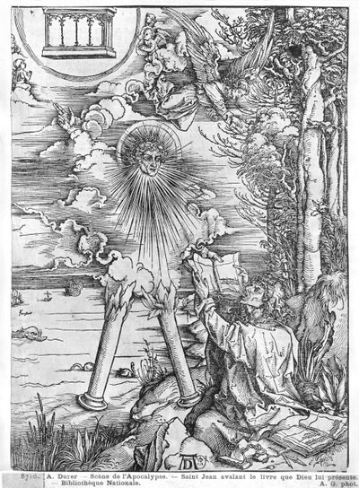 Jelenet az Apokalipszisből, Szent János felfalja a könyvet, latin kiadás, 1511 (fametszet) (bw fotó) alkotó: Albrecht Dürer