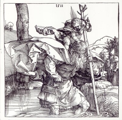 Szent Kristóf, aki a csecsemő Krisztust hordozza, 1511 (fametszet) (bw fotó) alkotó: Albrecht Dürer