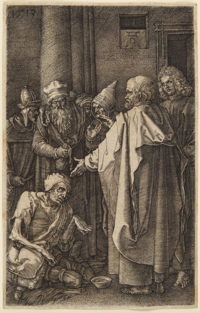 Szent Péter és Szent János meggyógyítja a nyomorékot  (16. szám a „Kivésett Passió” sorozatból) alkotó: Albrecht Dürer
