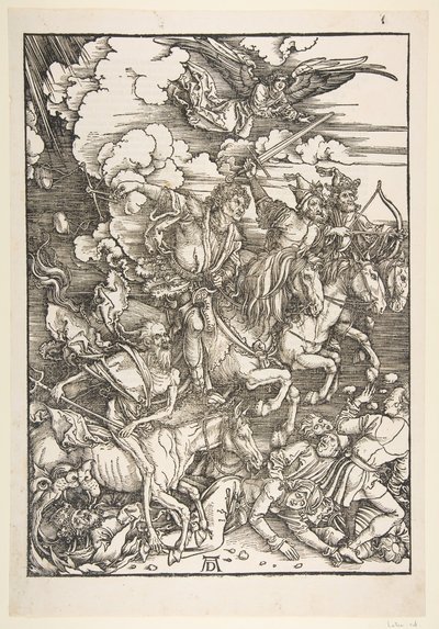 A négy lovas, az Apokalipszisből, latin kiadás, 1511, kb. 1511. alkotó: Albrecht Dürer