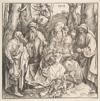 A Szent Család szentekkel és két muzsikus angyallal, 1511. alkotó: Albrecht Dürer