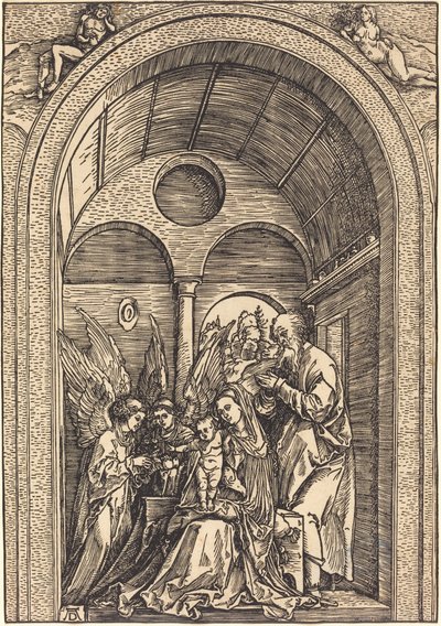 A Szent Család két angyallal egy boltíves teremben alkotó: Albrecht Dürer