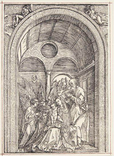 A Szent Család két angyallal egy boltíves teremben alkotó: Albrecht Dürer