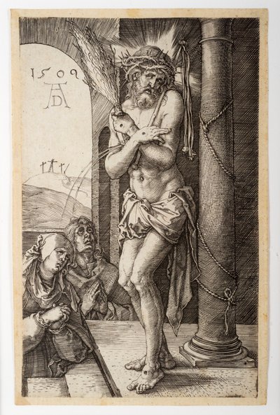 A Fájdalmas ember az oszlopnál a Szűzanyával és Szent Jánossal, a "Metszett passió"-ból. alkotó: Albrecht Dürer