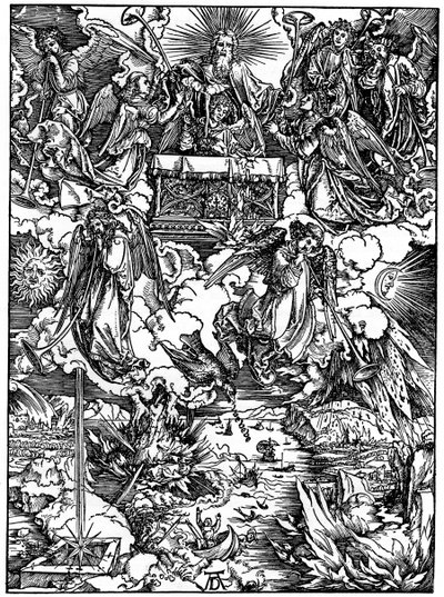 A hetedik pecsét felnyitása, A hét angyal trombitákkal, 1498, 1936 alkotó: Albrecht Dürer