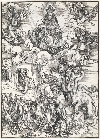 A hétfejű fenevad és a bárányszarvú fenevad, Szent János Apokalipsziséből, 1496-98. alkotó: Albrecht Dürer