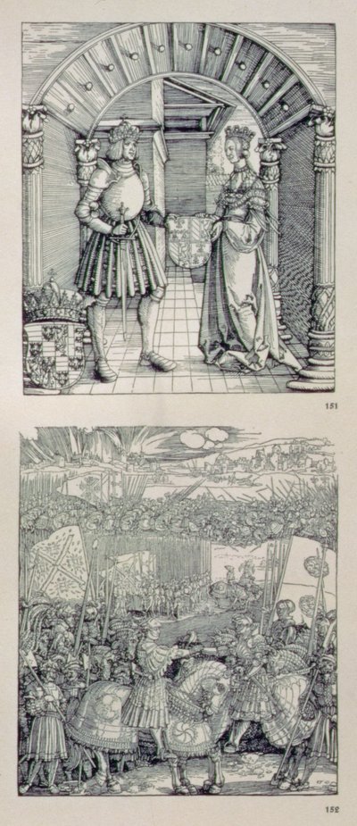 I. Maximilianus német császár diadalíve (1459-1519): a bal oldali portál felett elhelyezett két tábla részlete, amelyek I. Maximiliánt és első feleségét, Burgundi Máriát (1457-82) ábrázolják (felül). alkotó: Albrecht Dürer