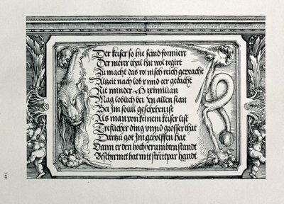 I. Maximilian német császár diadalíve 1459-1519: a dekorációs séma részlete, amelyen oroszlánbőr látható, rajta a császári családi kapcsolatokat dicsérő felirattal, kocsma. 151718 fametszet alkotó: Albrecht Dürer